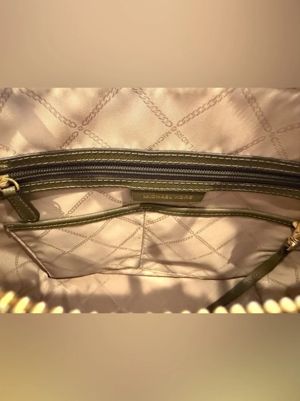 Michael Kors Dark Olive Saffiano Leather Tote with Gold Logo Charm - Picture 11 of 16